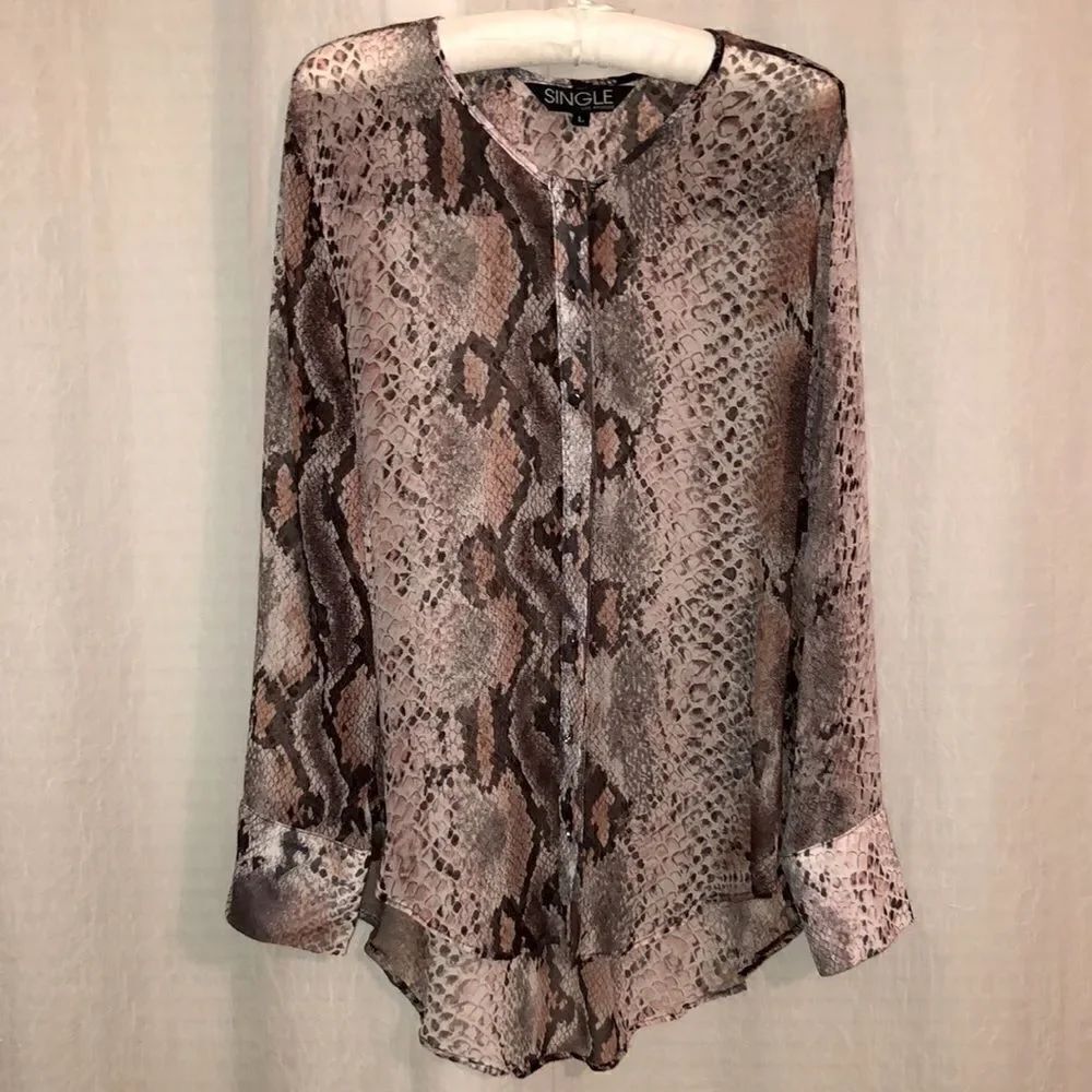 Single LA L Python Snake Print Ivory Blush Pink Brown Long Sleeve Sheer Blouse